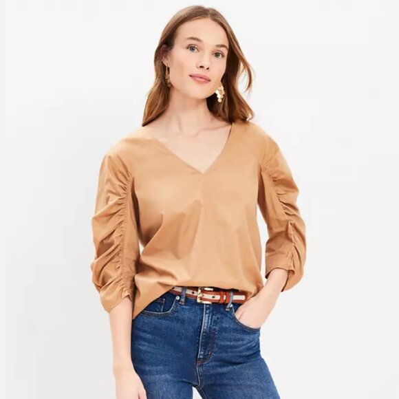 Ann Taylor Loft Cinched Sleeve V-Neck Blouse | The Summit - Picture 1 of 3